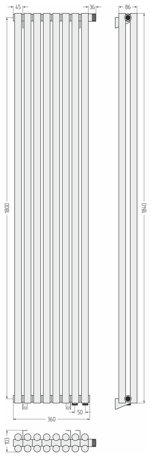 Радиаторы Сунержа DESIGN ДР ЭСТЕТ-11 н/ж EU50 1800х360 / 8 сек (Матовый белый) - фото 5