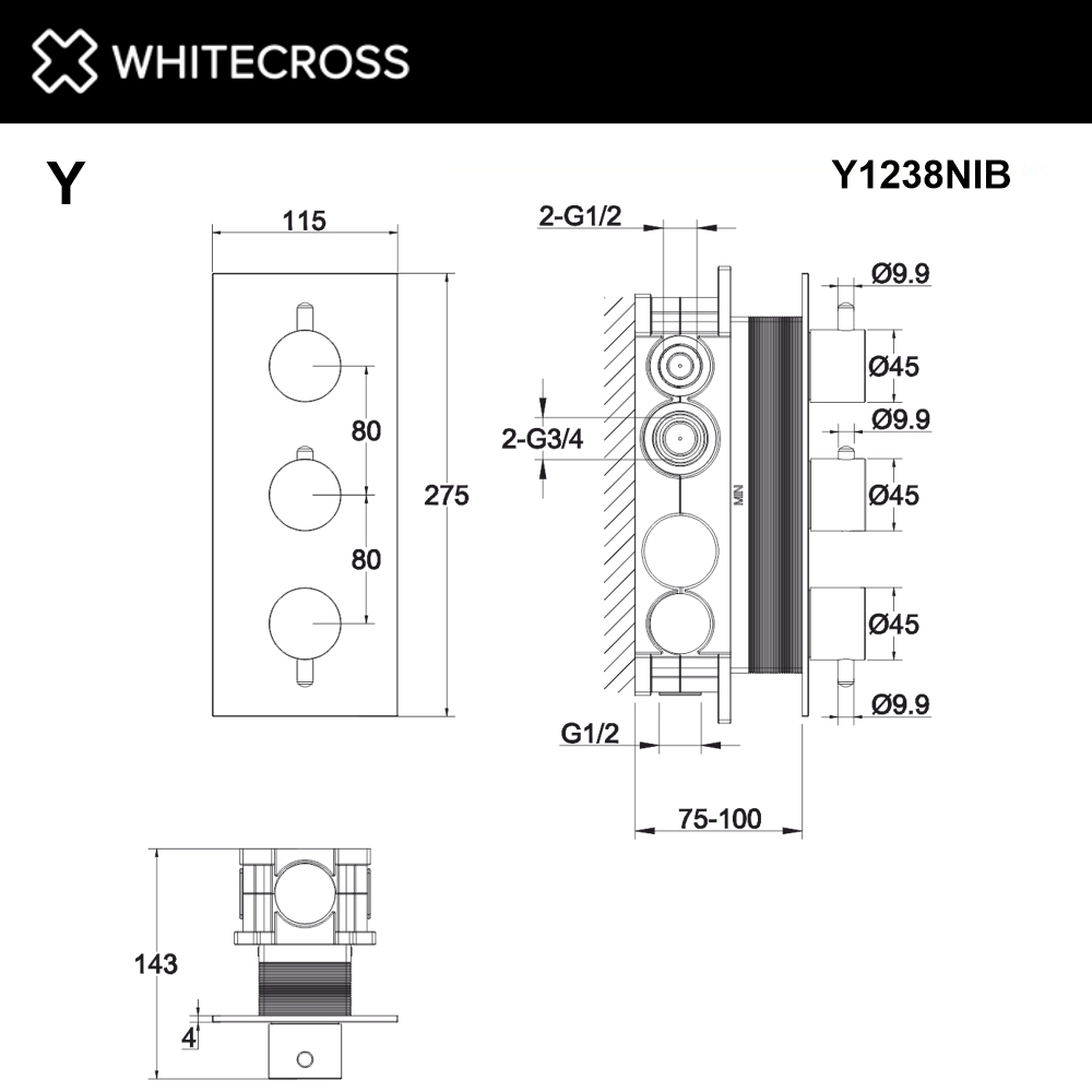 Смеситель термостатический для душа скрытого монтажа WHITECROSS Y Y1238NIB (брашированный никель)