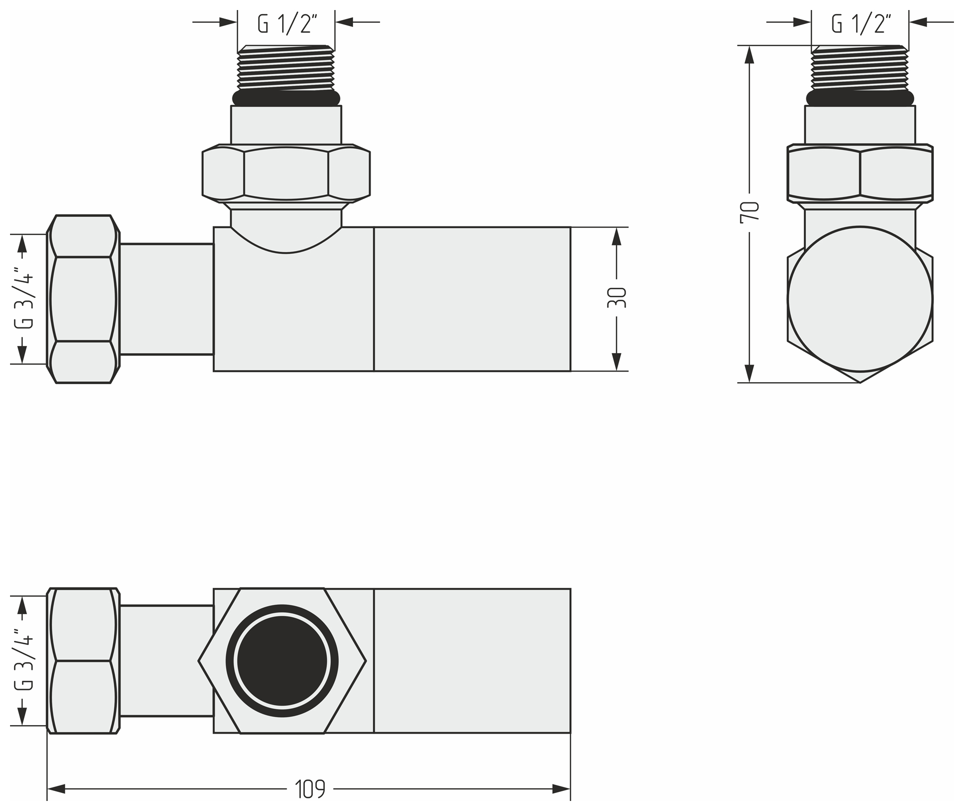 Комплектующие Сунержа DESIGN Вентиль угловой (цилиндр) G 1/2" НР х G 3/4" НГ (RAL 7035 Светло-серый)