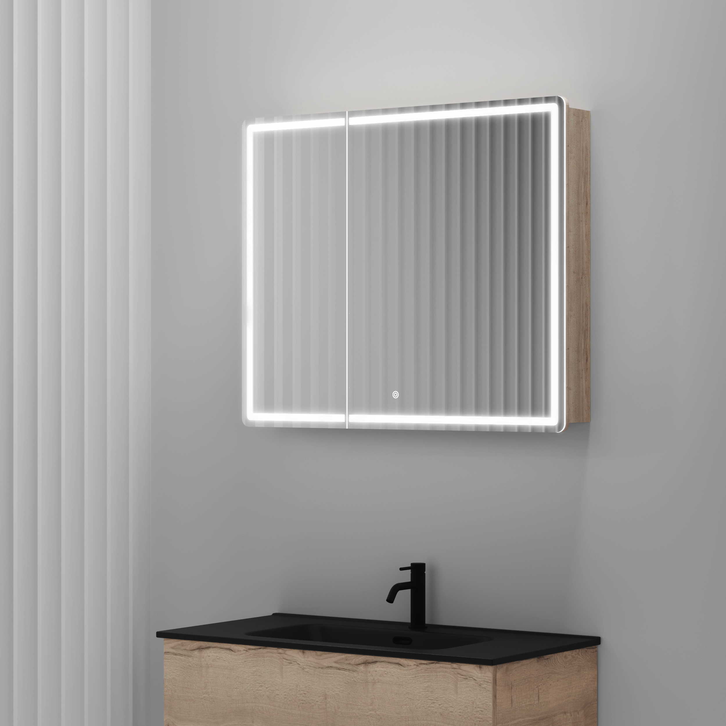 Зеркальный шкаф Sancos Блик (Mirror) MI90EG 90x75 с подсветкой, дуб галифакс натуральный