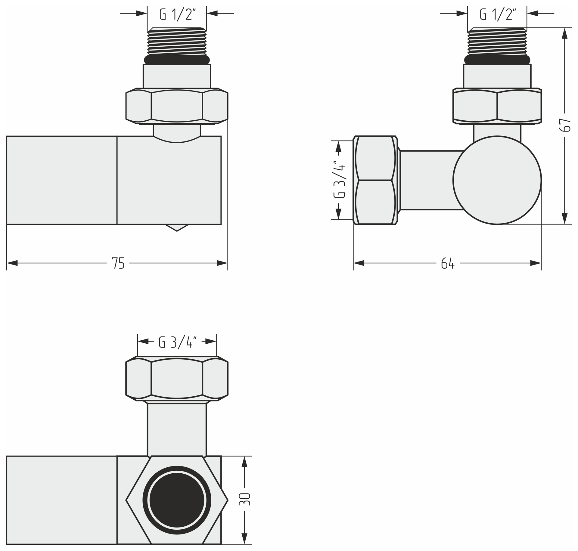 Комплектующие Сунержа DESIGN Вентиль 3D правый (цилиндр) G 1/2" НР х G 3/4" НГ (Шампань)