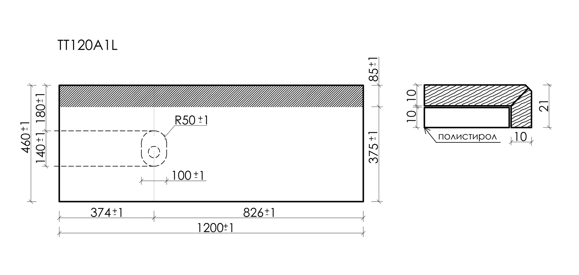 Столешница Sancos TT120A1L 120x46 без отверстия под смеситель, черное небо (black sky)