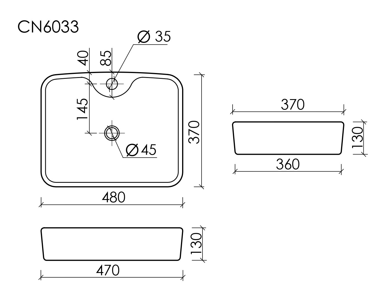 Умывальник чаша накладная прямоугольная Element 480x370x130мм