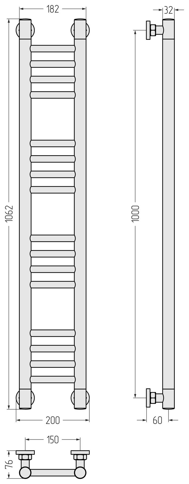 Водяные полотенцесушители Сунержа DESIGN ДР "Богема+" прямая 1000х150 (Матовый чёрный)