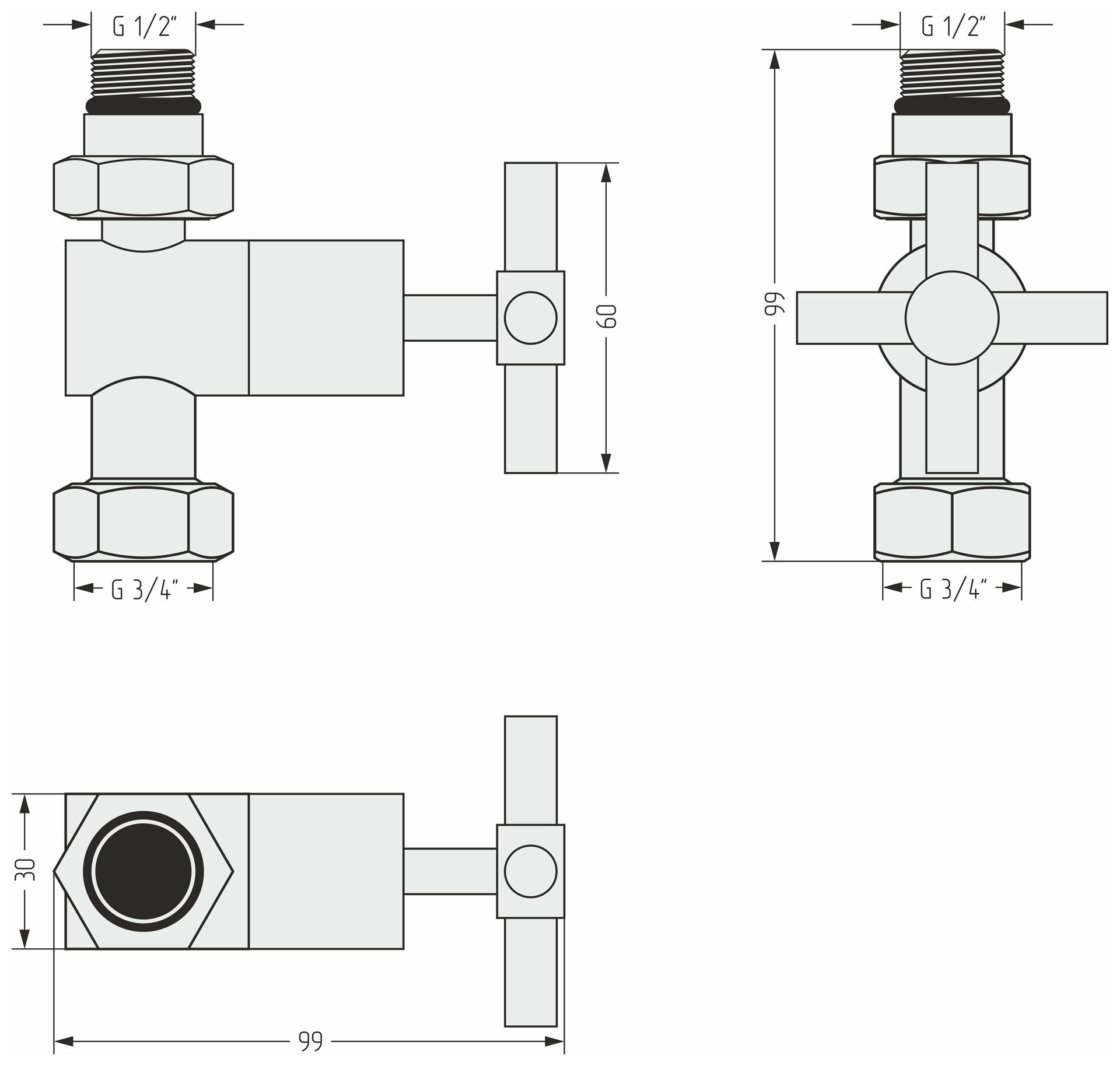 Комплектующие Сунержа DESIGN Вентиль прямой (крест) G 1/2" НР х G 3/4" НГ (Без покрытия)