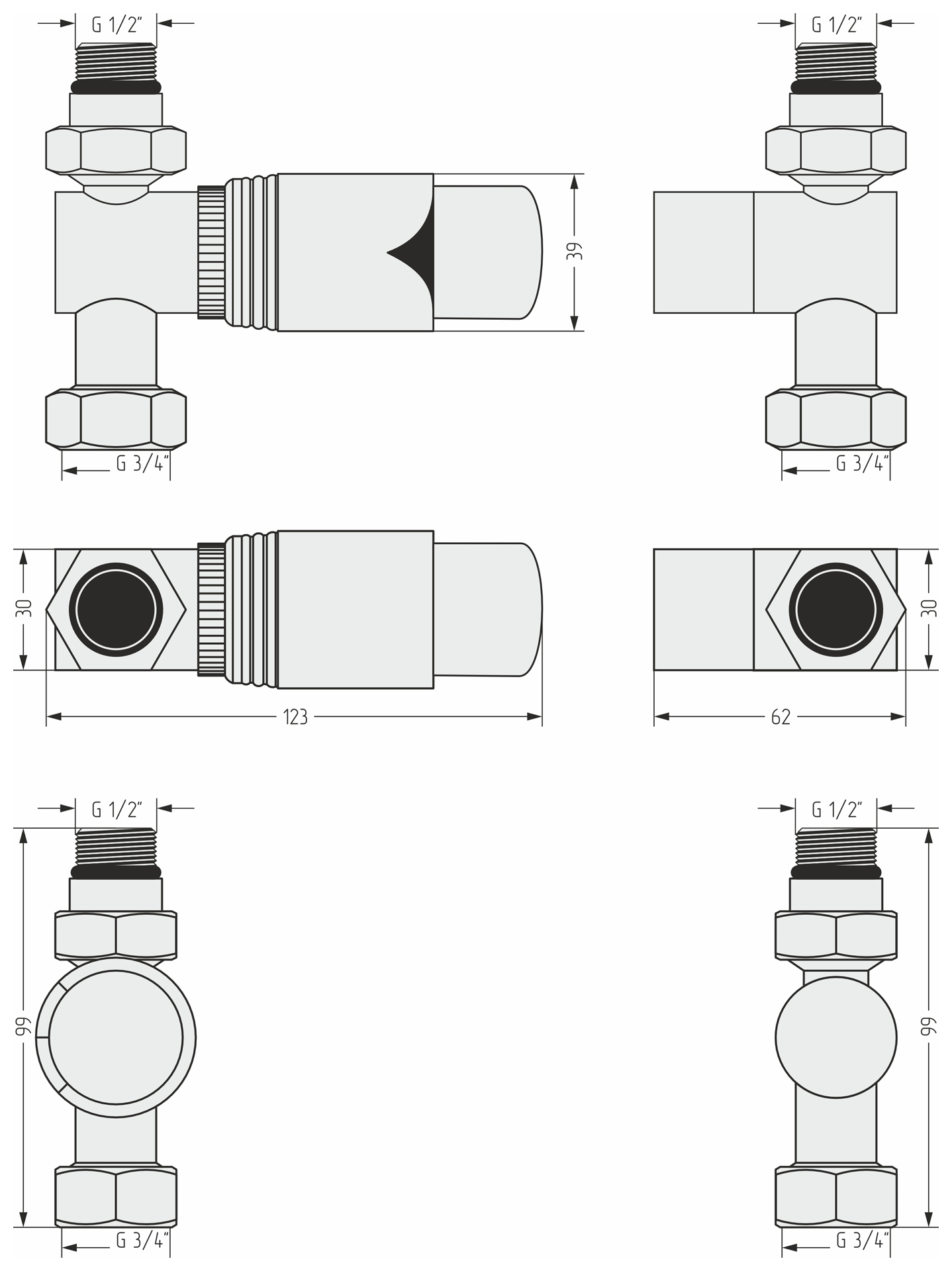 Комплектующие Сунержа DESIGN Терморегулятор автоматический прямой G 1/2" НР х G 3/4" НГ / набор (Матовый белый)
