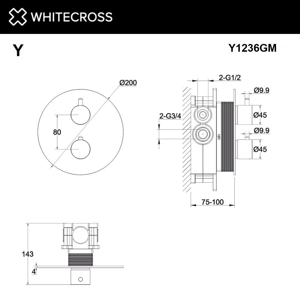 Смеситель термостатический для душа скрытого монтажа WHITECROSS Y Y1236GM (оружейная сталь)