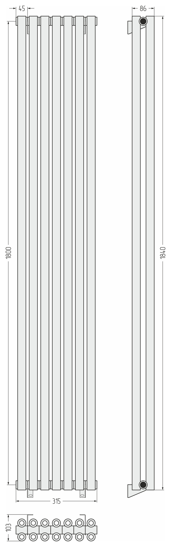 Радиаторы Сунержа DESIGN ДР ЭСТЕТ-00 н/ж 1800х315 / 7 сек (Тёмный титан муар)