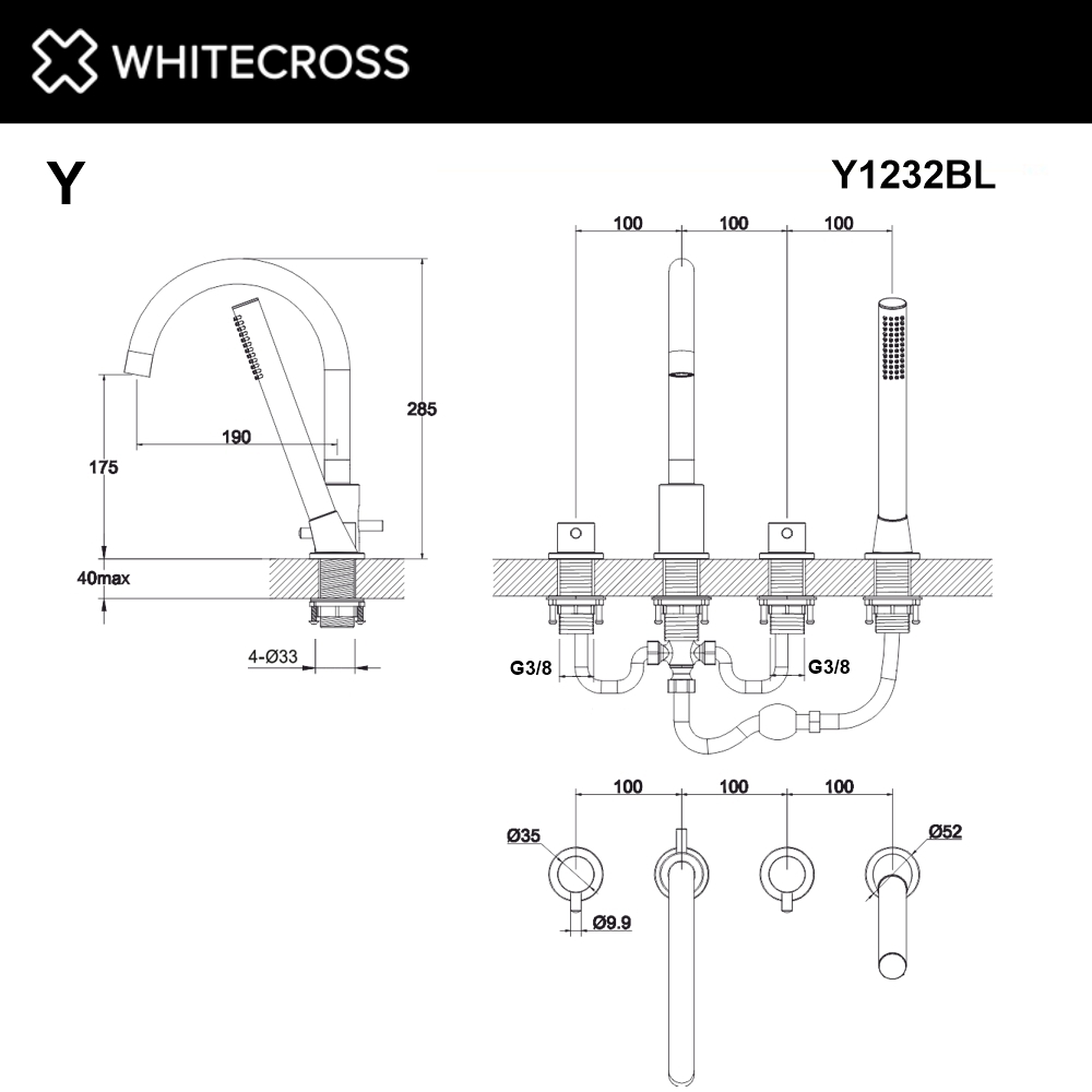 Смеситель для ванны на 4 отверстия WHITECROSS Y Y1232BL (черный мат)