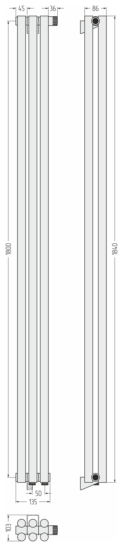 Радиаторы Сунержа DESIGN ДР ЭСТЕТ-11 н/ж EU50 1800х135 / 3 сек (Тёмный титан муар) - фото 5