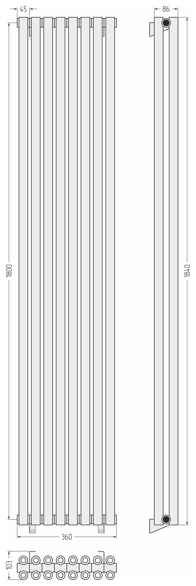 Радиаторы Сунержа DESIGN ДР ЭСТЕТ-00 н/ж 1800х360 / 8 сек (Состаренная латунь)