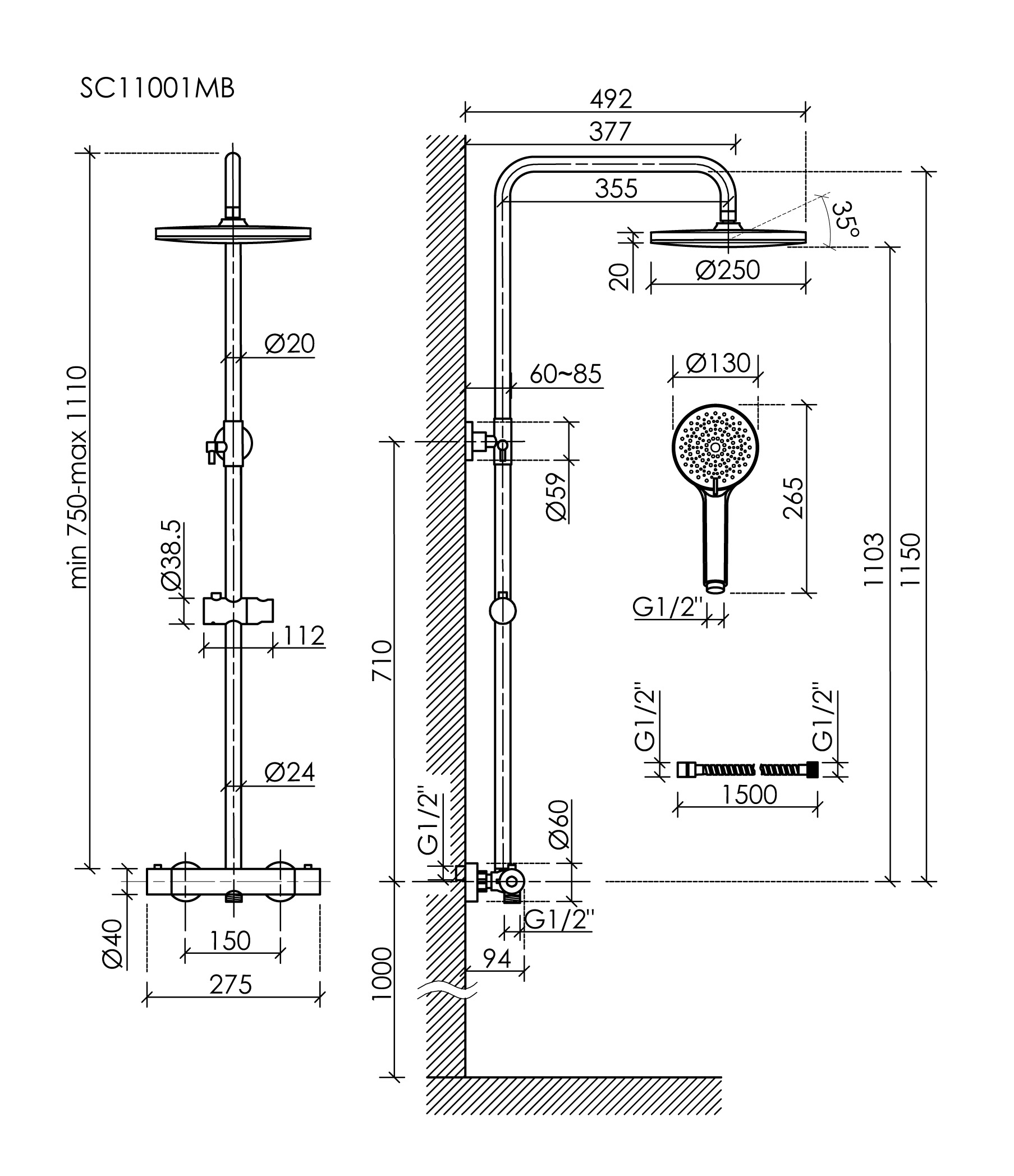 Душевая стойка Sancos Teo SC11001MB с термостатом, черный матовый - фото 11