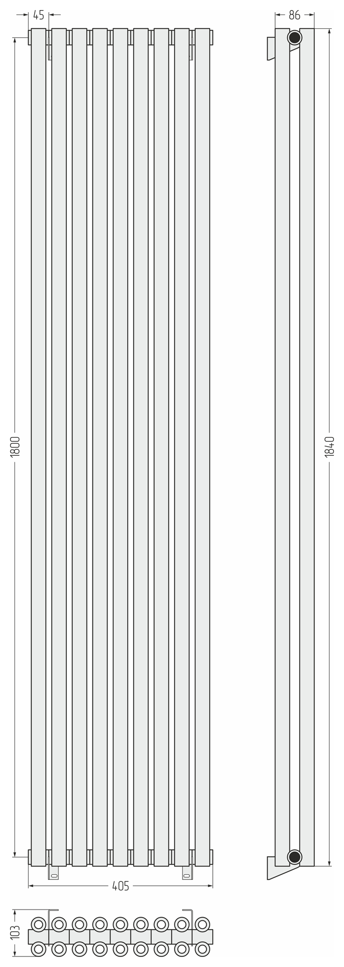 Радиаторы Сунержа DESIGN ДР ЭСТЕТ-00 н/ж 1800х405 / 9 сек (Матовый чёрный)