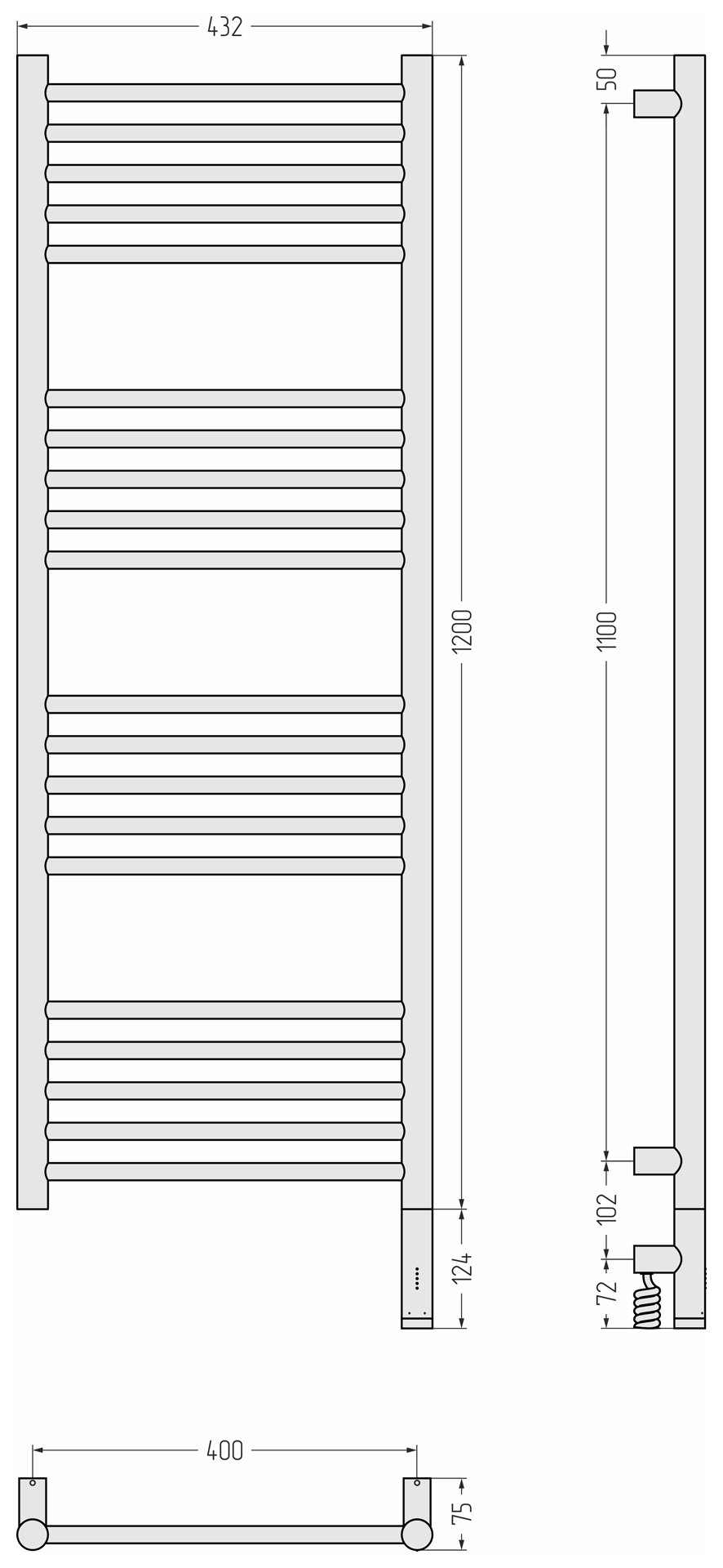 Электрические полотенцесушители Сунержа DESIGN РЭБ БОГЕМА 3.1 прямая 1200х400 МЭМ правый (Золото)