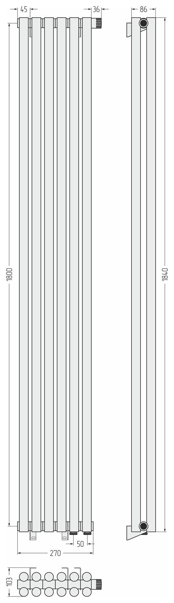 Радиаторы Сунержа DESIGN ДР ЭСТЕТ-11 н/ж EU50 1800х270 / 6 сек (Белый) - фото 5