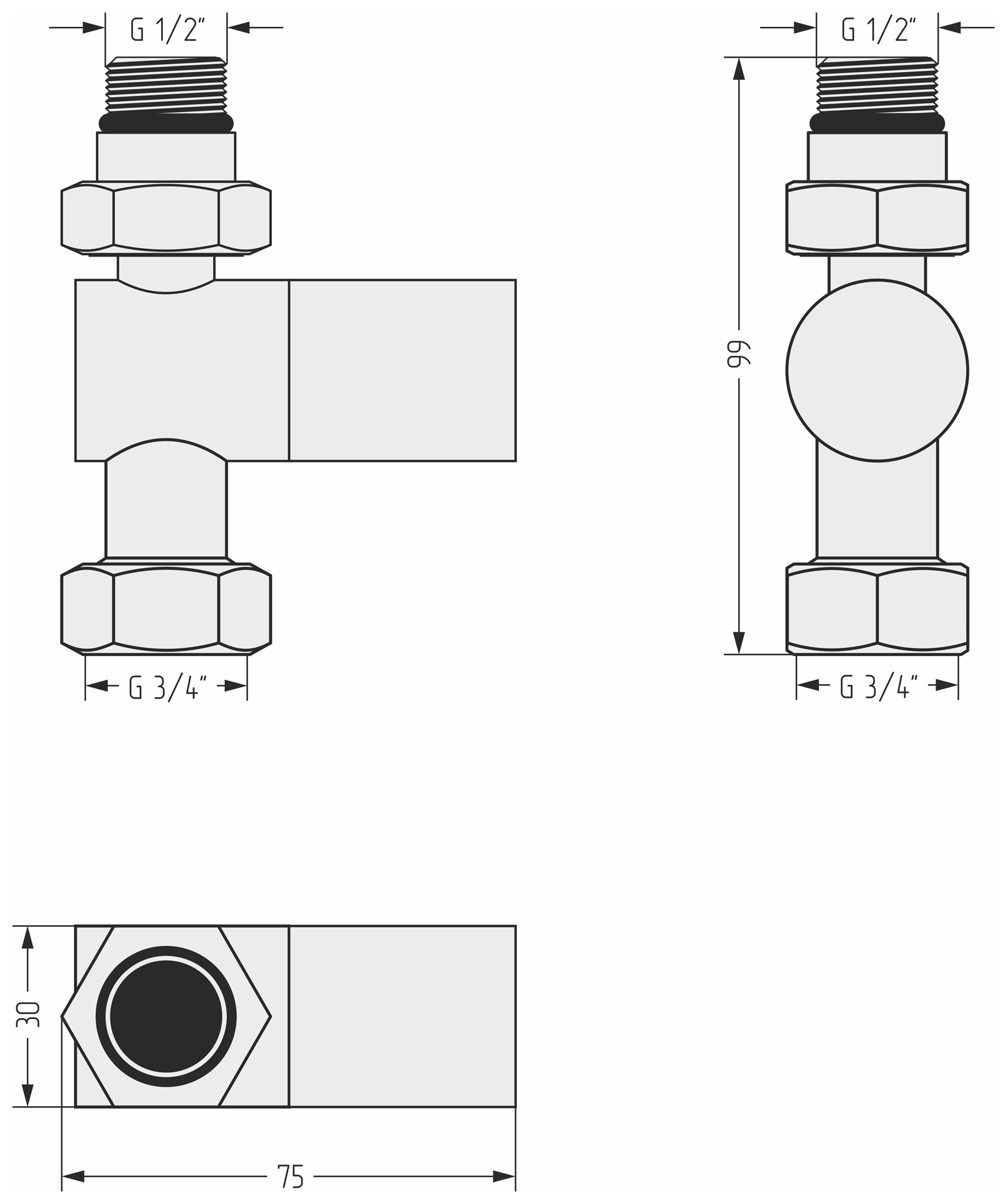 Комплектующие Сунержа DESIGN Вентиль прямой (цилиндр) G 1/2" НР х G 3/4" НГ (Шампань)