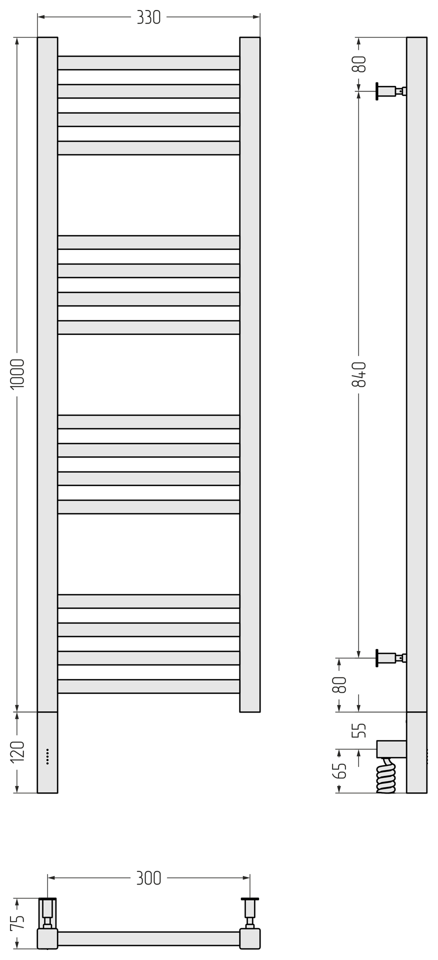 Электрические полотенцесушители Сунержа DESIGN РЭБ "МОДУС 3.0" 1000х300 / МЭМ левый (Без покрытия)