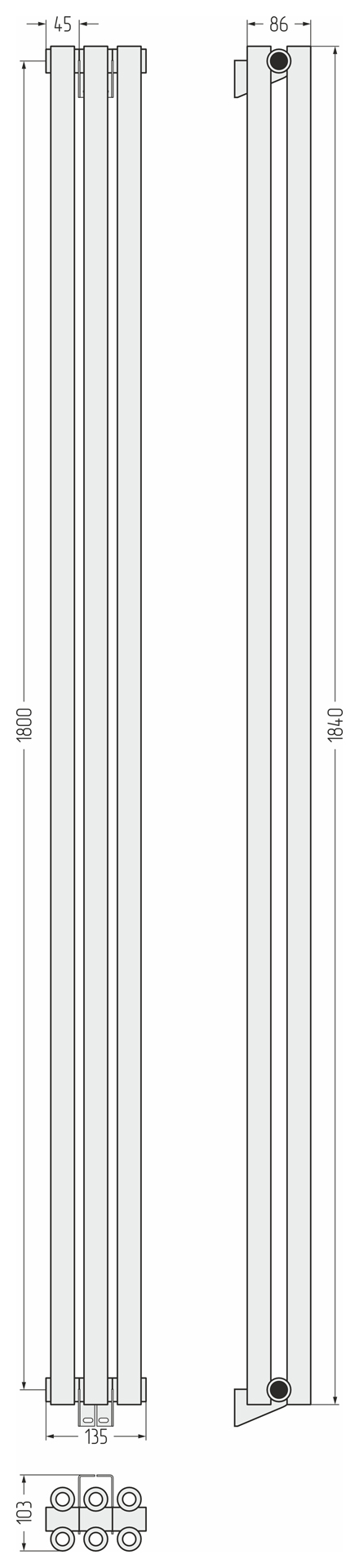 Радиаторы Сунержа DESIGN ДР ЭСТЕТ-00 н/ж 1800х135 / 3 сек (Матовый белый)