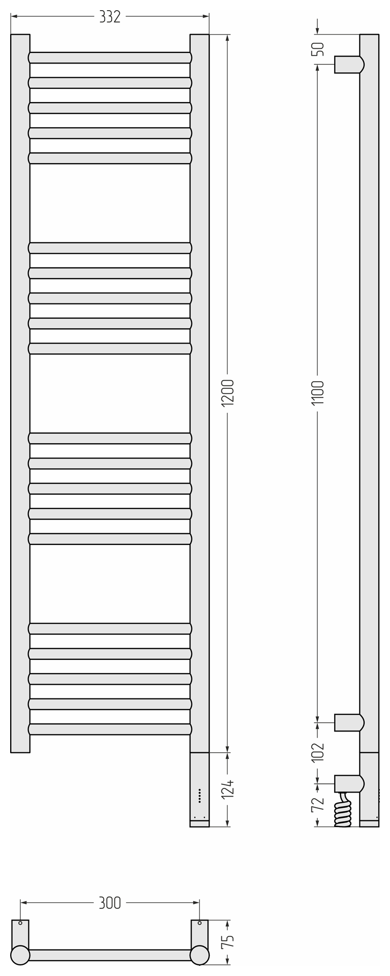 Электрические полотенцесушители Сунержа DESIGN РЭБ БОГЕМА 3.1 прямая 1200х300 МЭМ правый (Тёмный титан муар)