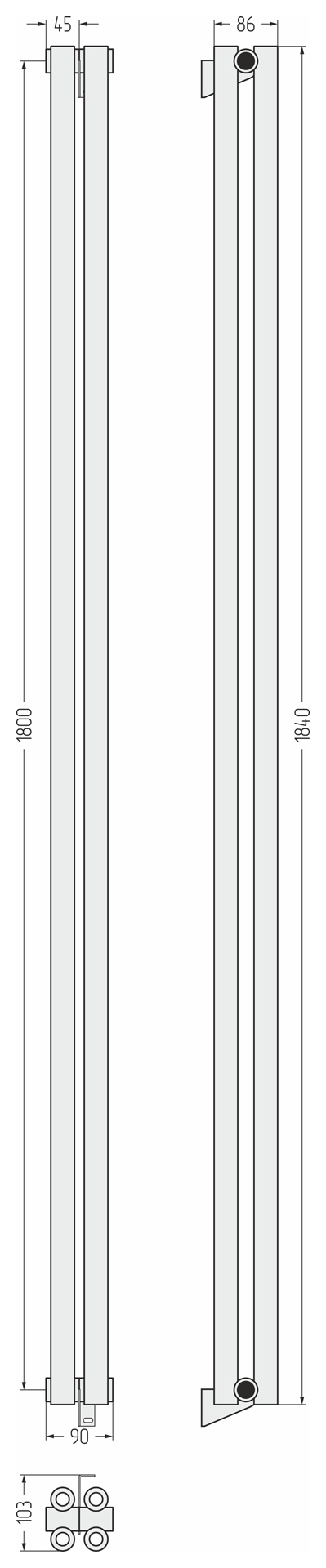 Радиаторы Сунержа DESIGN ДР ЭСТЕТ-00 н/ж 1800х90 / 2 сек (Золото)