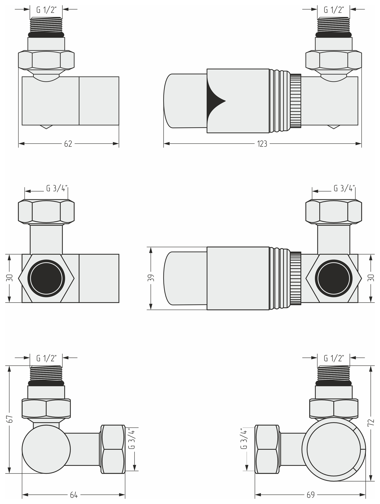 Комплектующие Сунержа DESIGN Терморегулятор автоматический 3D правый G 1/2" НР х G 3/4" НГ / набор (Матовый белый)