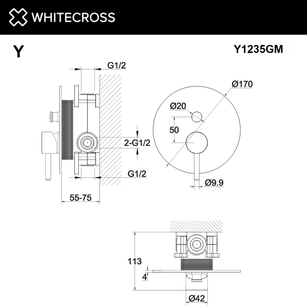 Смеситель для душа скрытого монтажа WHITECROSS Y Y1235GM (оружейная сталь)