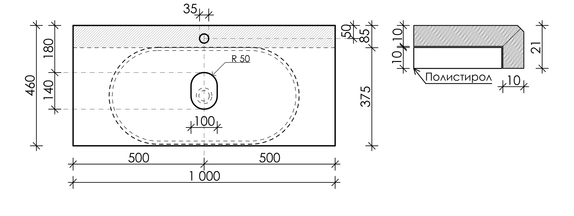Столешница Sancos TT100A2X 100x46 с отверстием под смеситель, креман (kreman)