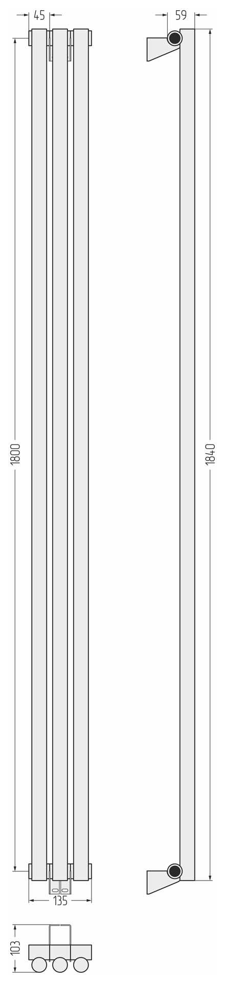 Радиаторы Сунержа DESIGN ДР ЭСТЕТ-1 н/ж 1800х135 / 3 сек (Матовый чёрный)
