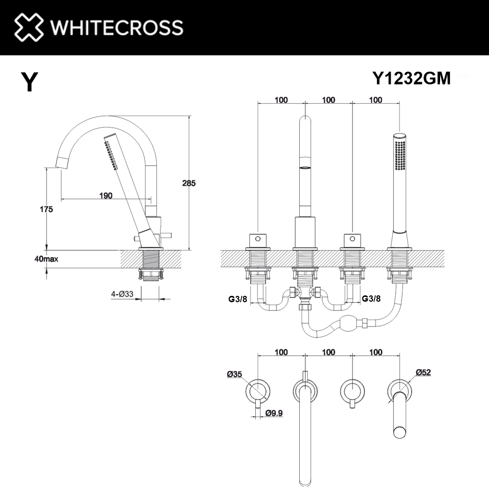 Смеситель для ванны на 4 отверстия WHITECROSS Y Y1232GM (оружейная сталь)