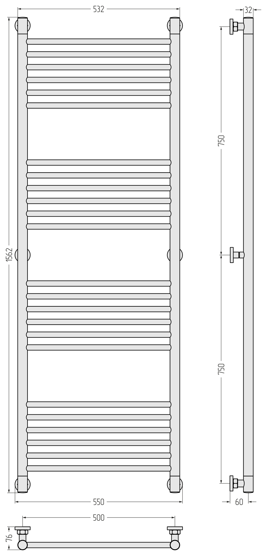 Водяные полотенцесушители Сунержа DESIGN ДР "Богема+" прямая 1500х500 (Состаренная латунь)