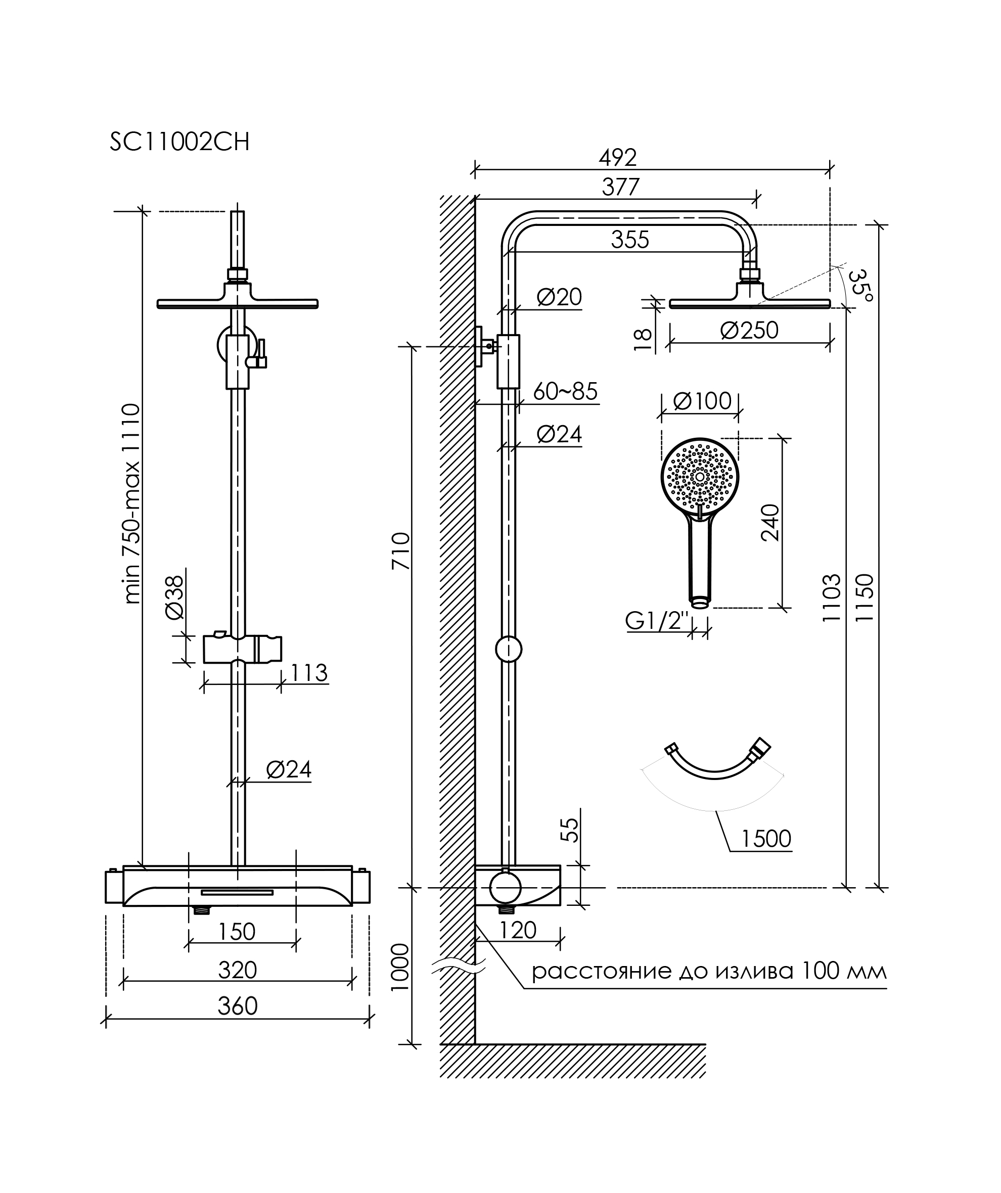 Душевая стойка Sancos Teo SC11002CH с термостатом, с изливом, хром - фото 11