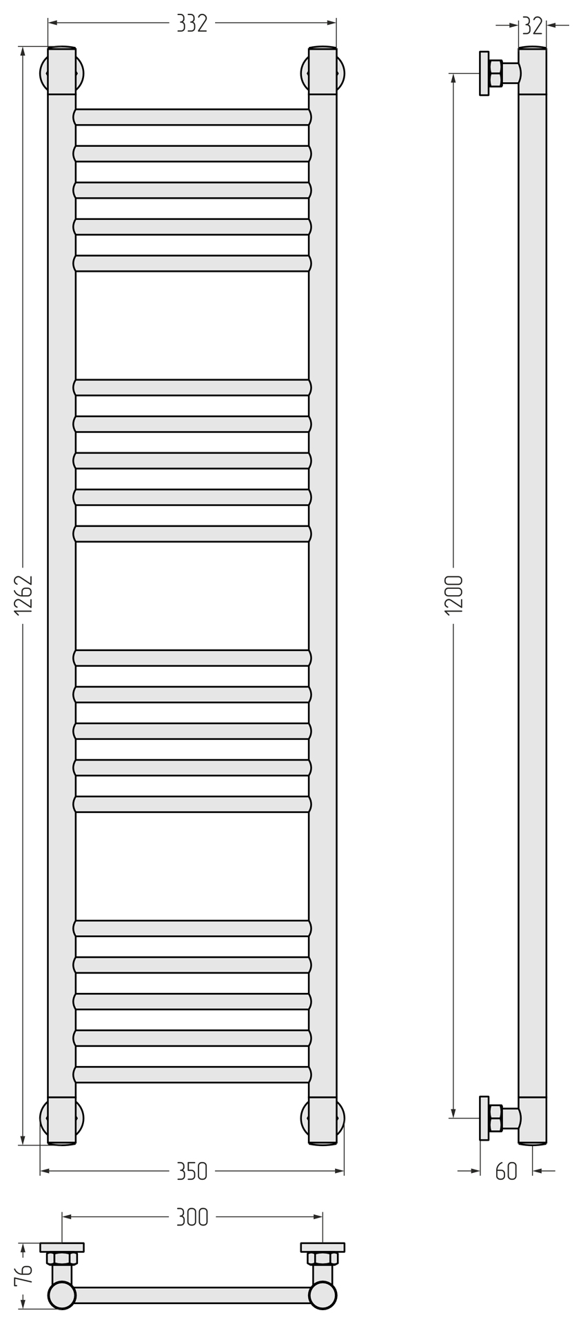 Водяные полотенцесушители Сунержа DESIGN ДР "Богема+" прямая 1200х300 (Матовый чёрный)