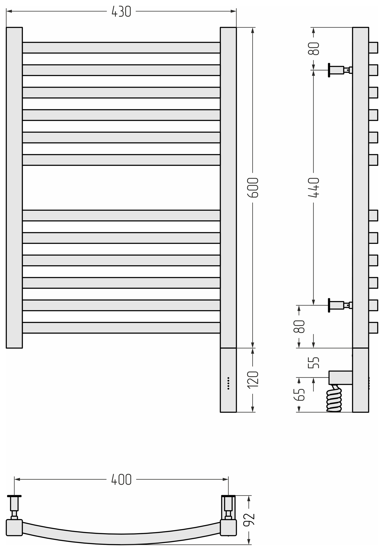 Электрические полотенцесушители Сунержа DESIGN РЭБ АРКУС 3.0 600х400 МЭМ правый (Тёмный титан муар)