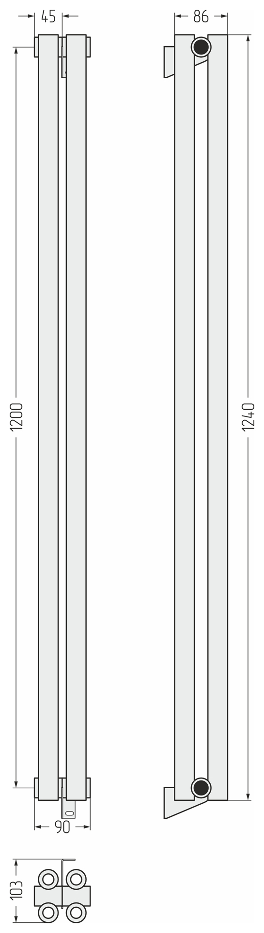 Радиаторы Сунержа DESIGN ДР ЭСТЕТ-00 н/ж 1200х90 / 2 сек (Матовый чёрный)