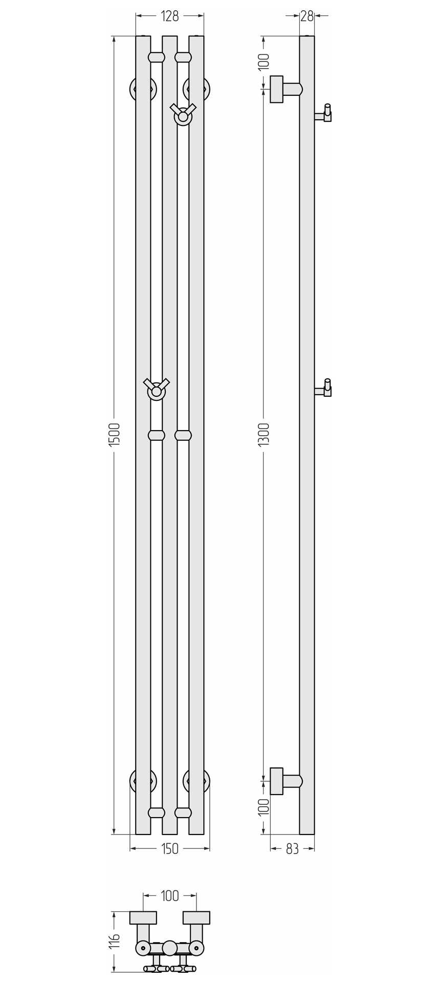 Водяные полотенцесушители Сунержа DESIGN ДР ТЕРЦИЯ PRO 1500х100 (Тёмный титан муар)
