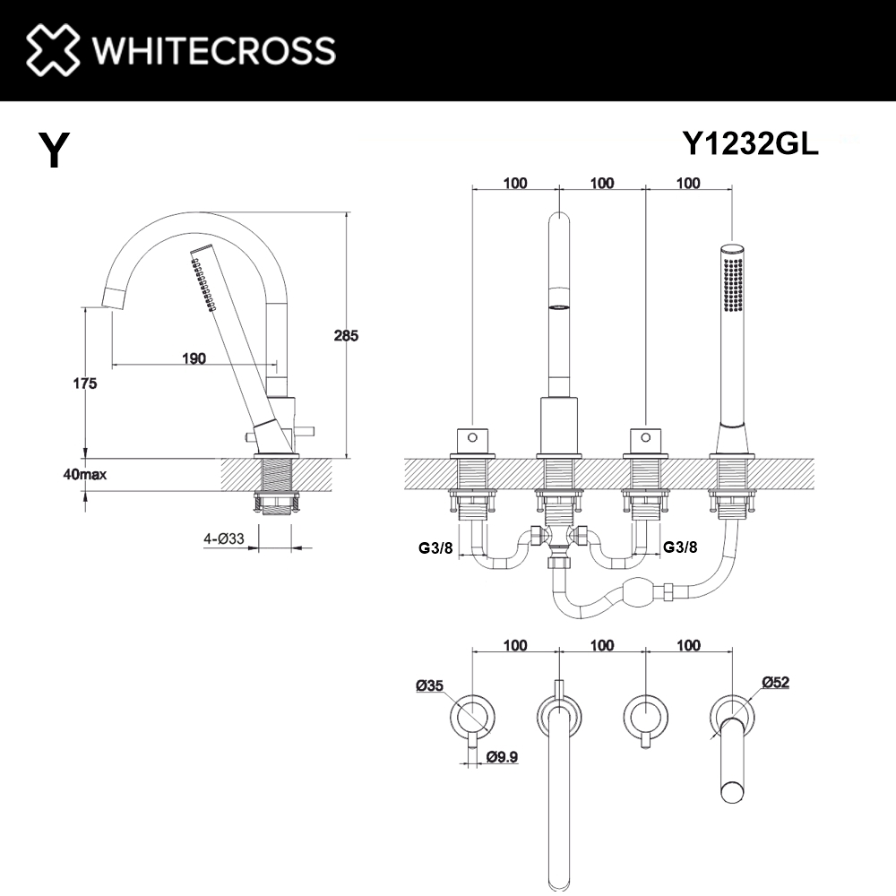 Смеситель для ванны на 4 отверстия WHITECROSS Y Y1232GL (золото)