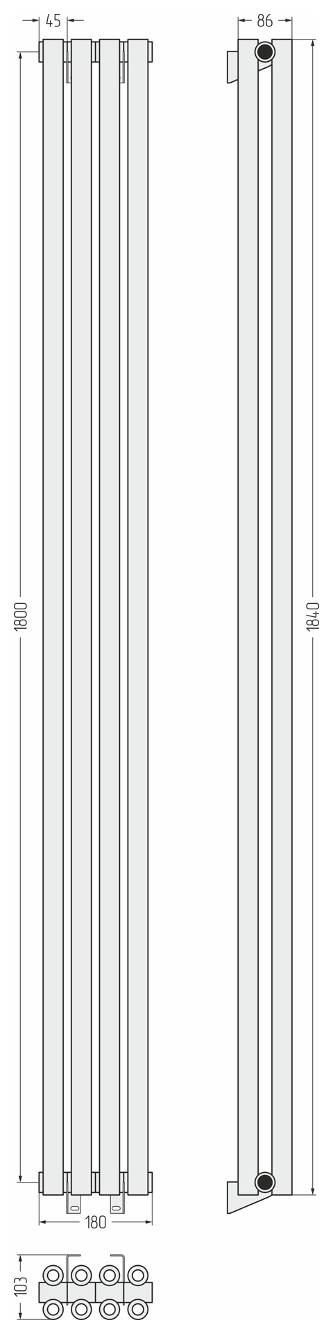 Радиаторы Сунержа DESIGN ДР ЭСТЕТ-00 н/ж 1800х180 / 4 сек (Золото)