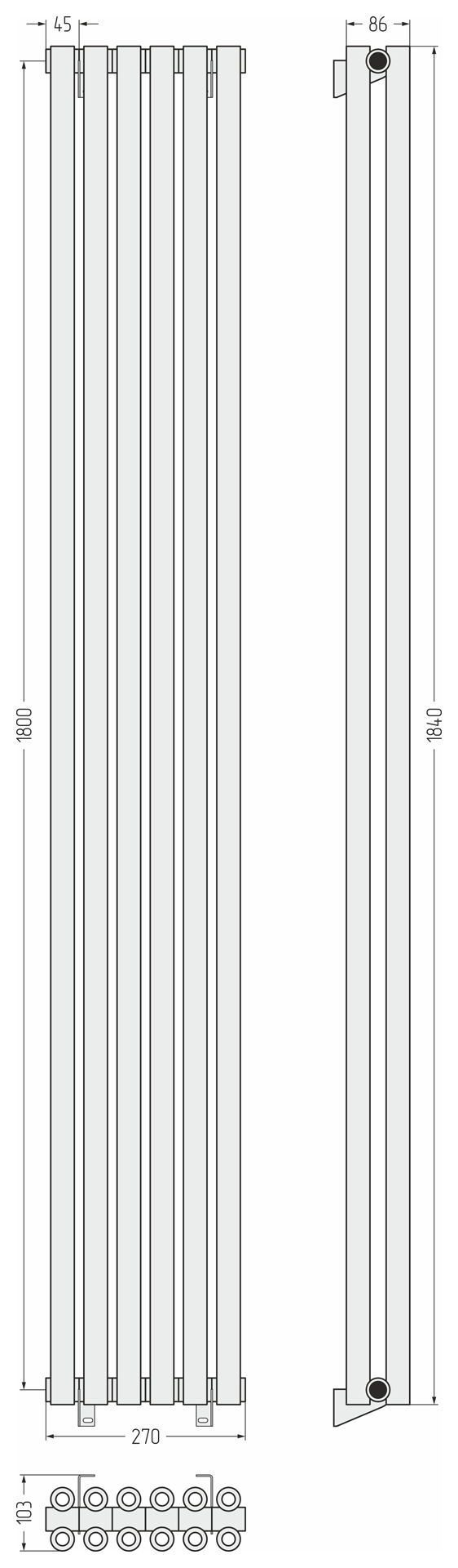 Радиаторы Сунержа DESIGN ДР ЭСТЕТ-00 н/ж 1800х270 / 6 сек (Золотой шёлк)