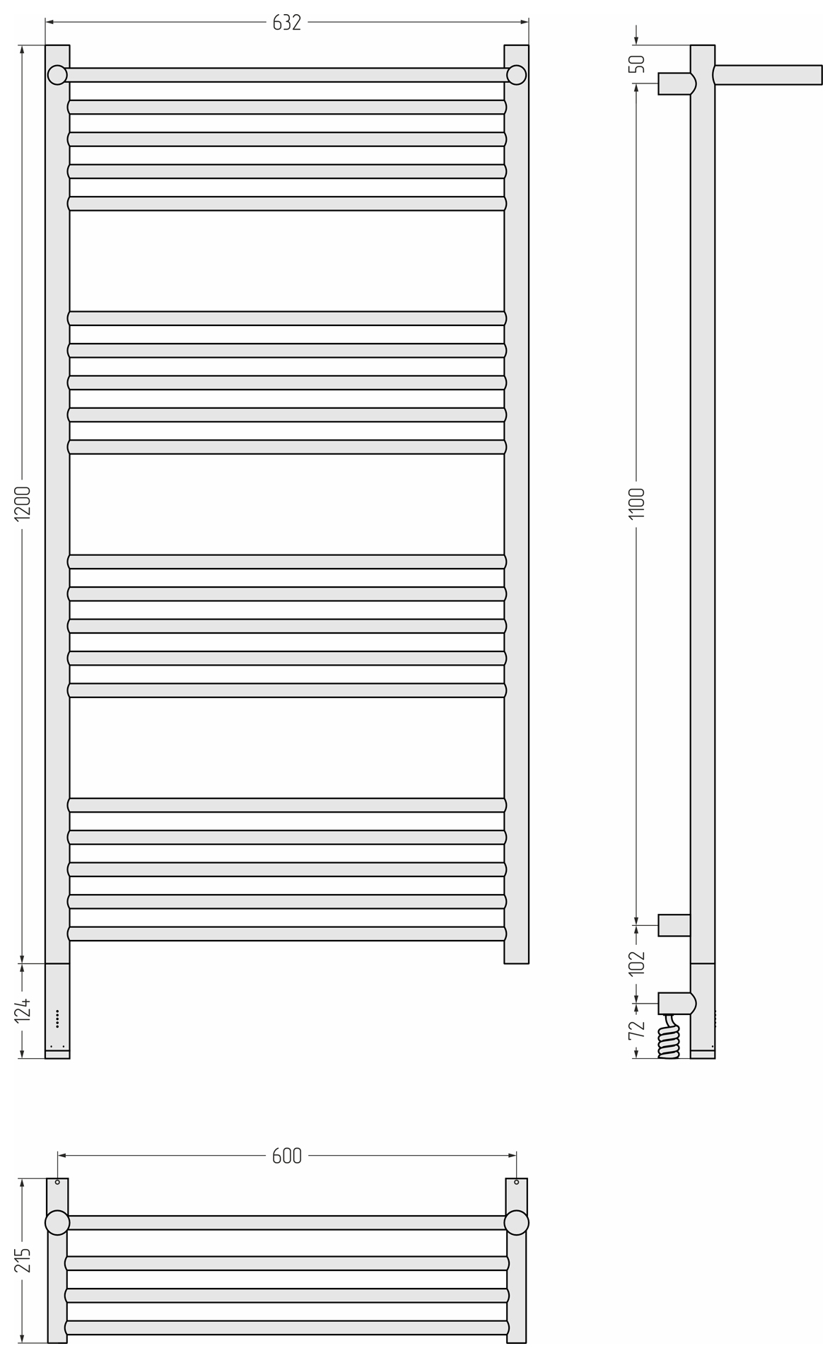 Электрические полотенцесушители Сунержа DESIGN РЭБ "БОГЕМА 3.1" 1П 1200х600 МЭМ левый (Матовый чёрный)