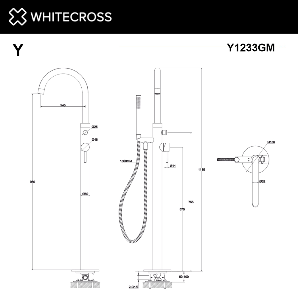 Смеситель для ванны отдельностоящий WHITECROSS Y Y1233GM (оружейная сталь)