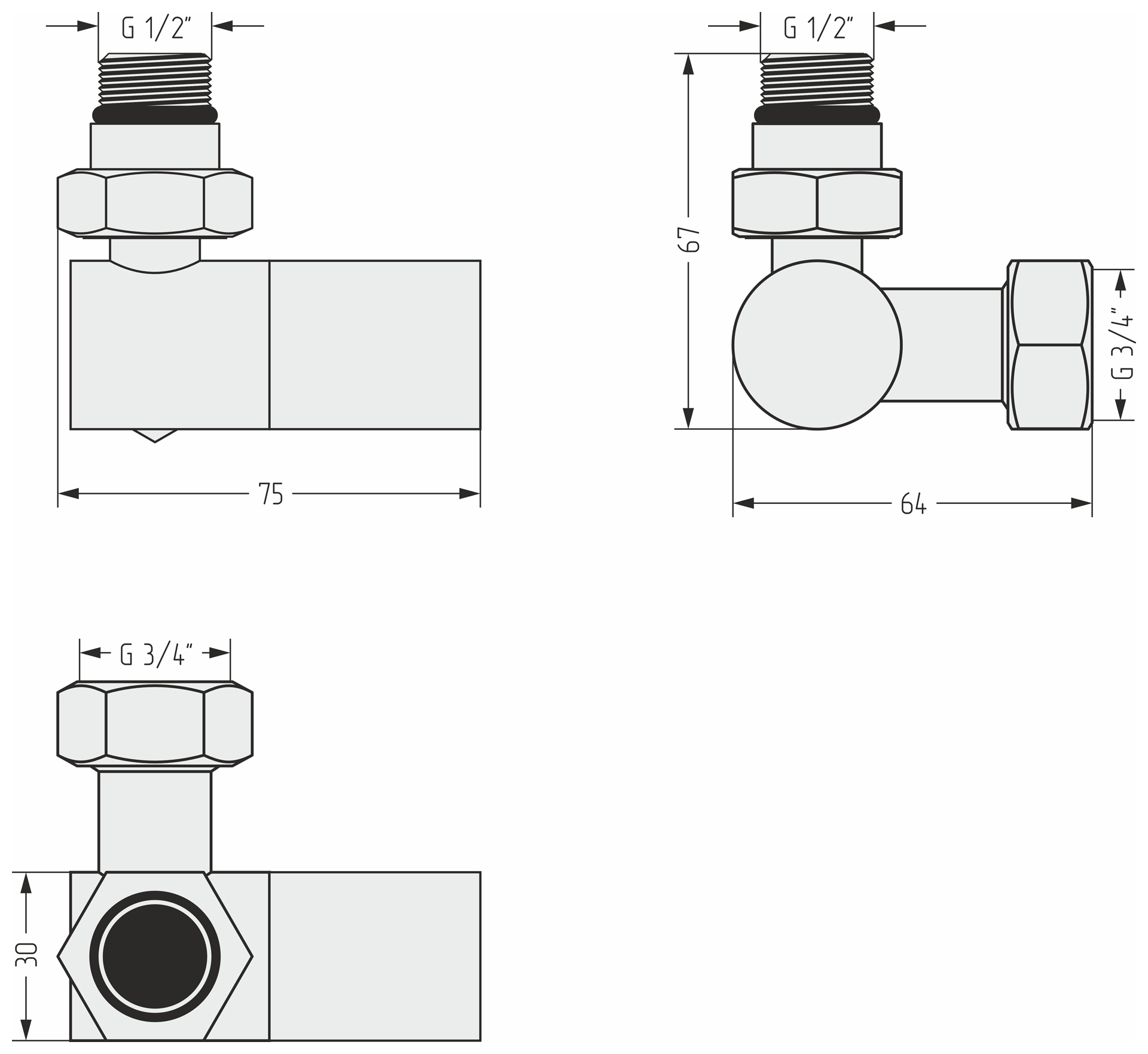 Комплектующие Сунержа DESIGN Вентиль 3D левый (цилиндр) G 1/2" НР х G 3/4" НГ (Белый)