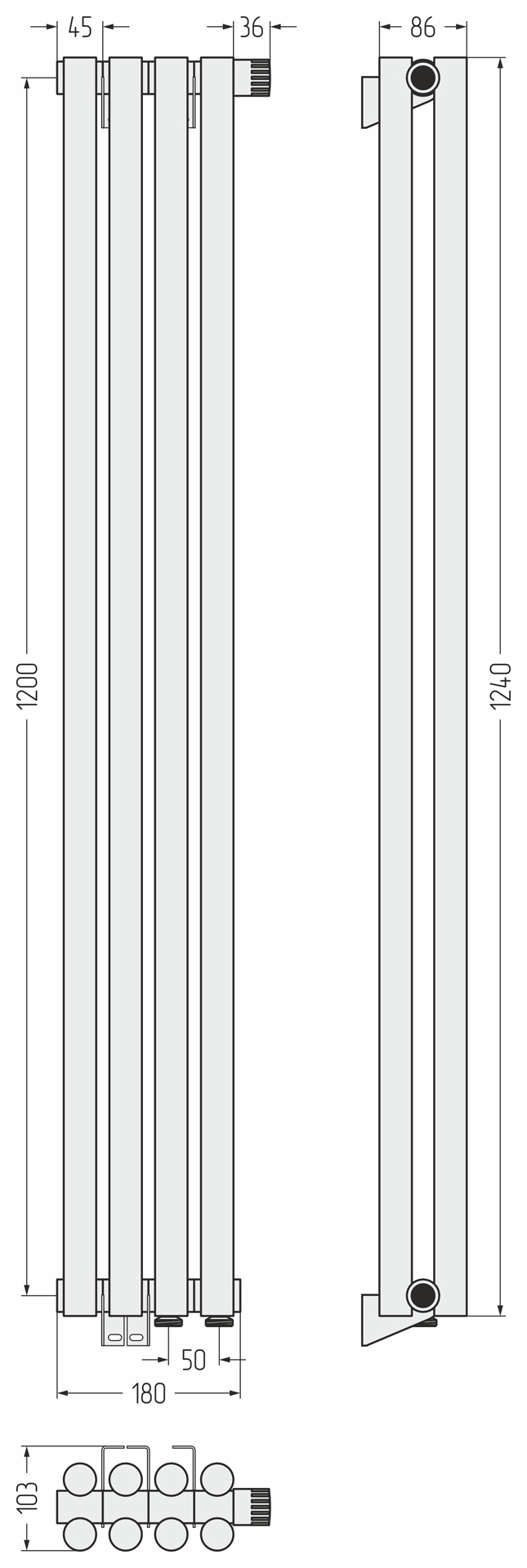 Радиаторы Сунержа DESIGN ДР ЭСТЕТ-11 н/ж EU50 1200х180 / 4 сек (Матовый чёрный) - фото 5