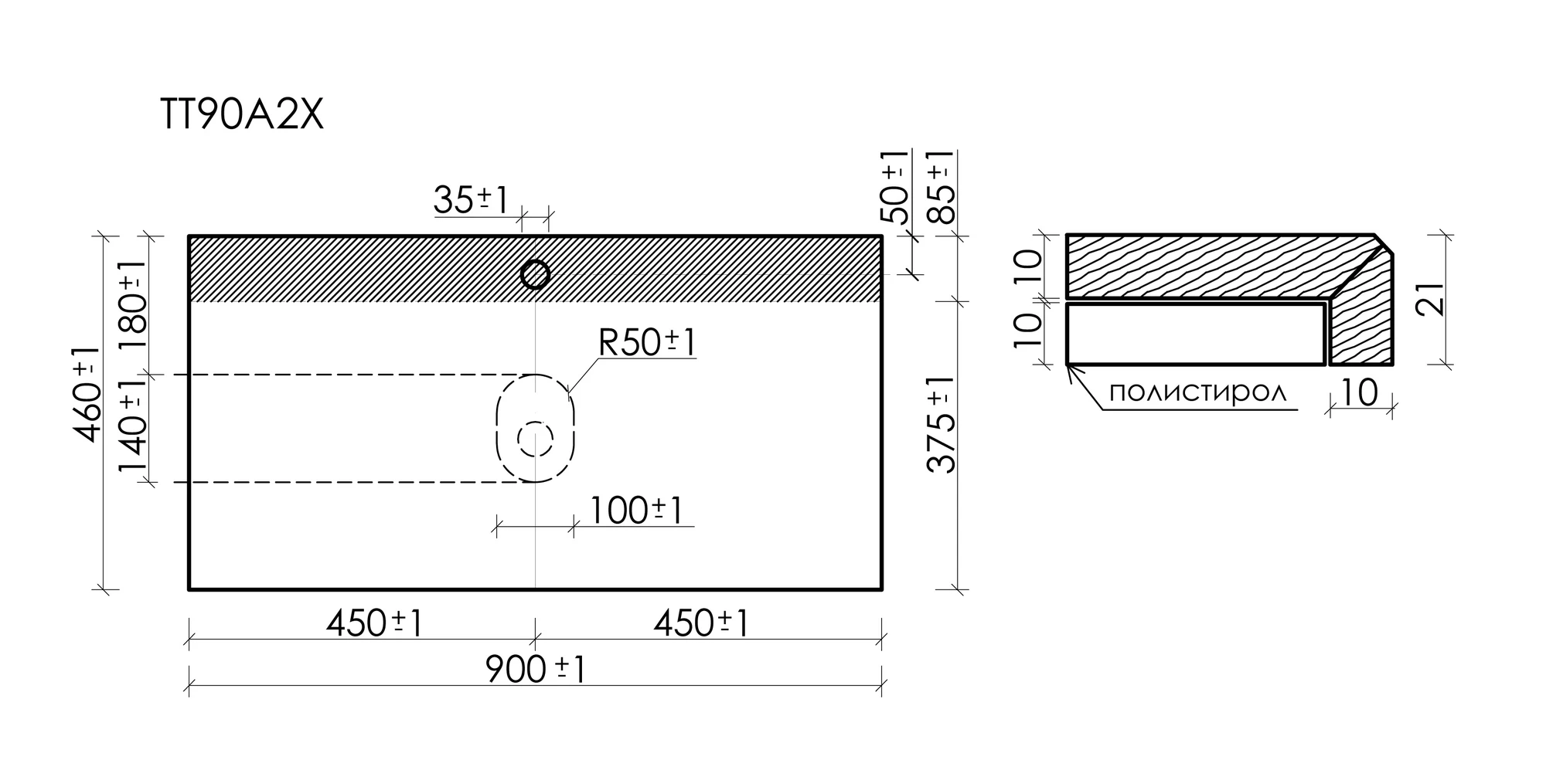 Столешница Sancos TT90A2X 90x46 с отверстием под смеситель, креман (kreman)